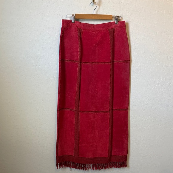 Vintage Dresses & Skirts - Vintage Genuine Suede Leather Patchwork Red Maxi Skirt